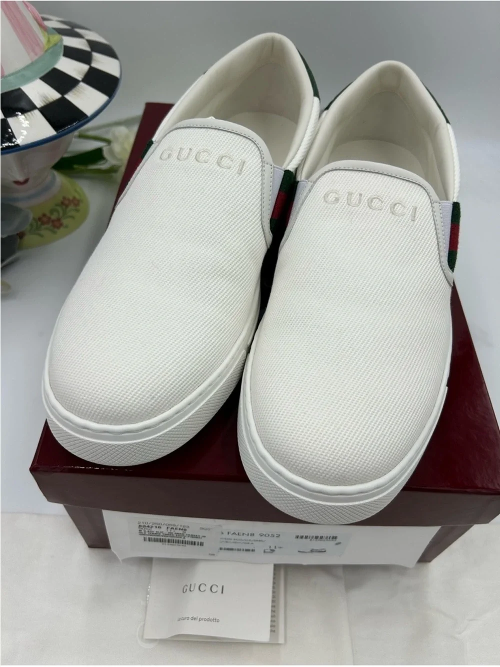 Men’s Gucci, white canvas ace slip on sneakers size 11.5 fits 12.5 US made Italy